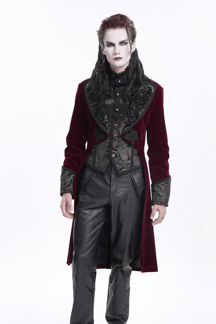 Wine Red Long Sleeves Button Floral Embroidery Men's Gothic Jacket