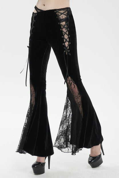Black Velvet-Paneled Mesh Side-Adjustable Asymmetrical Women's Gothic Leggings