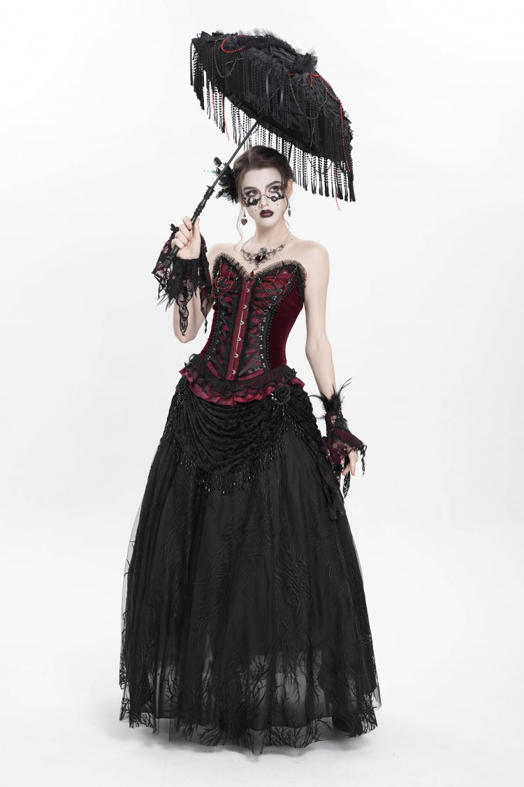 Red Sleeveless Beaded Lace Lace-Up Women's Gothic Overbust Corset