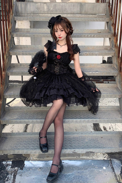 Black Short Sleeves Ruffle Rose Bowknot Elegant Princess Gothic Lolita Tiered Dress