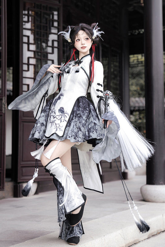 Black/White [Magpie Feather] Stand Collar Shorty High Waisted Printed Embroidered Women's Classic Hanfu Dress Set