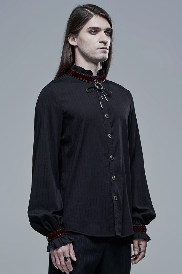 Black/Red Gothic High Collar Front Retro Metal Button Lantern Sleeve Men's Shirt