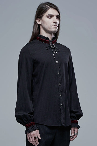 Black/Red Gothic High Collar Front Retro Metal Button Lantern Sleeve Men's Shirt