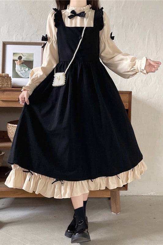Black/Apricot Japanese Long Puff Sleeves Ruffle Bowknot Sweet Lolita Dress 2 Colors