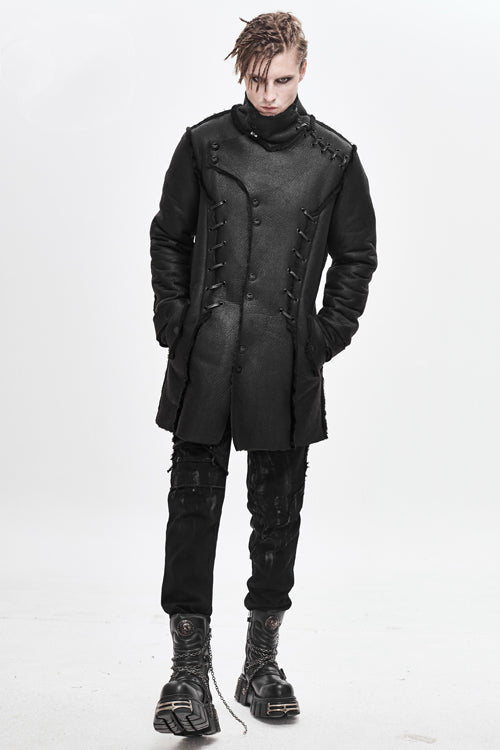 Black Winter High Collar Unedged Thick Mens Punk Coat