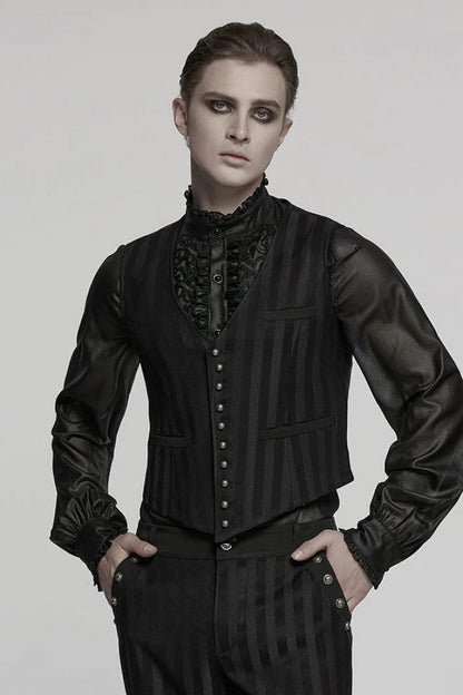 Black V Collar Sleeveless Striped Print Buckle Men's Punk Vest