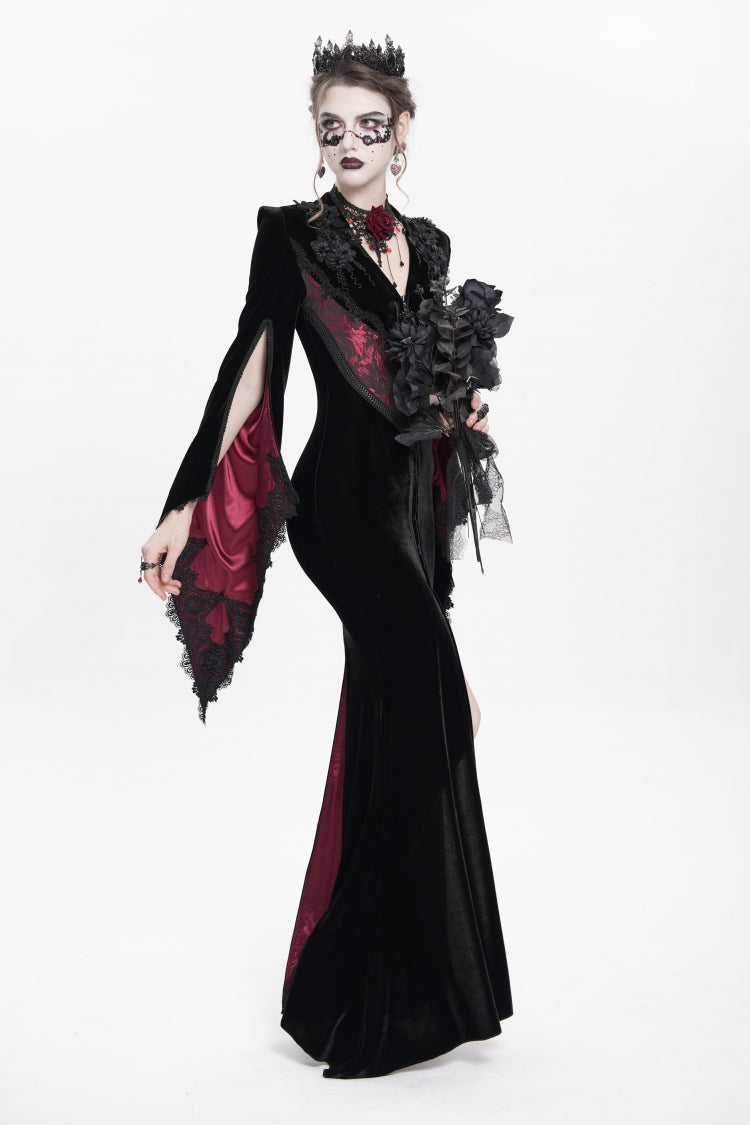 Black/Red V Collar Long Trumpet Sleeves Floral Embroidered Velvet Women's Gothic Dress
