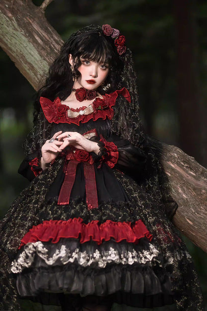 Black/Red [Perlia’s Night] Long Puff Sleeves Ruffled Open-Front Bow Lace Gothic Lolita Dress