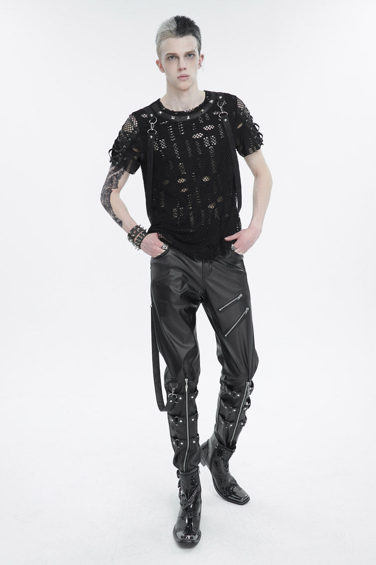 Black Removable Right Side Zipper Faux Leather Men's Punk Pants