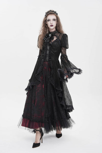 Black Stand Collar Long Trumpet Beaded Sleeves Cut-Out Bow Lace Women's Gothic Blouse