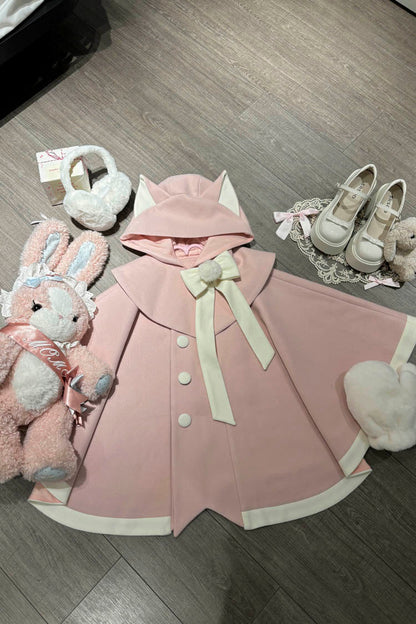 Black/Pink Bat Bowknot Cloak Wool Sweet Lolita Coat