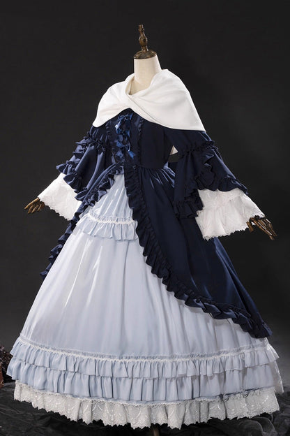 Blue [Loli Detective] Triple-Layered Ruffle Cardigan Bowknot Gothic Lolita Victorian Dress Set