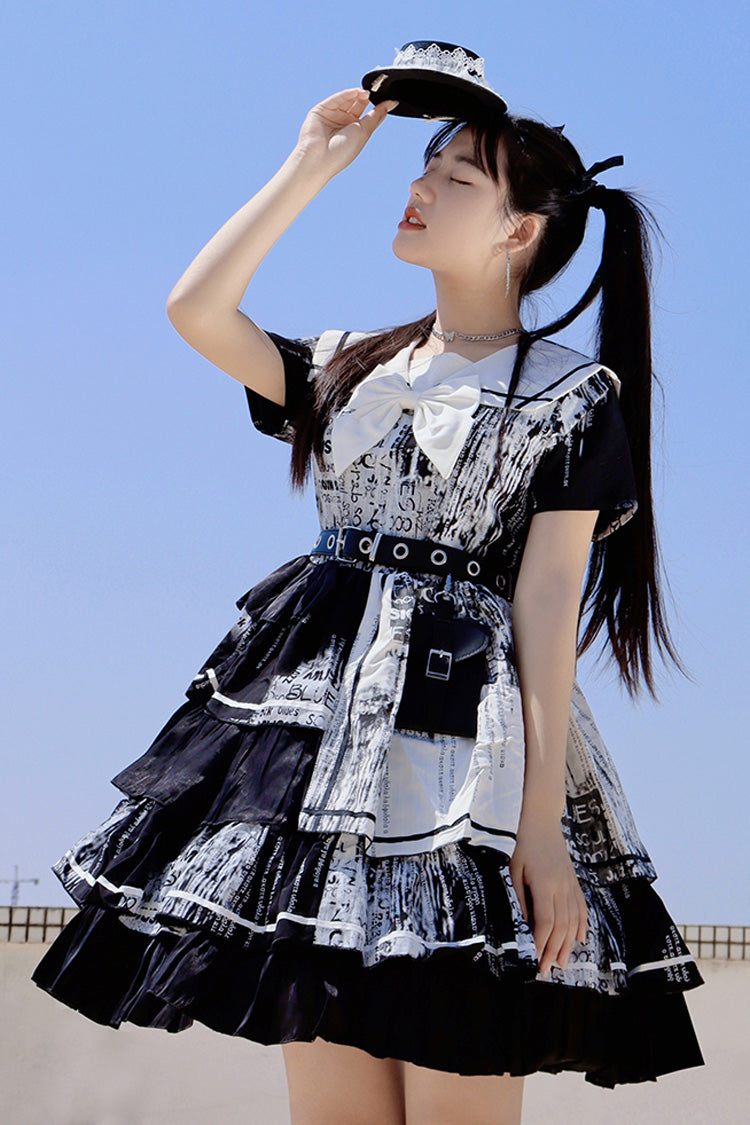 Black Short Sleeves Multi-Layered Print Ruffle Bowknot Asymmetric Punk College Style Lolita Dress
