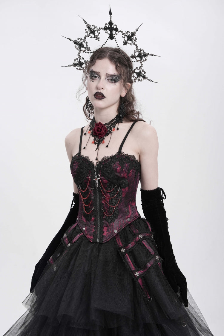 Red Sleeveless Embroidery Lace Chain Women's Gothic Vest