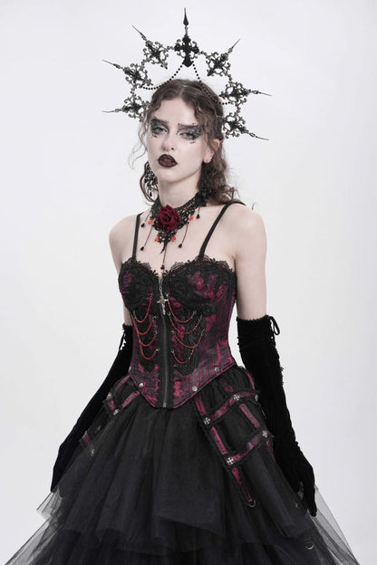 Red Sleeveless Embroidery Lace Chain Women's Gothic Vest