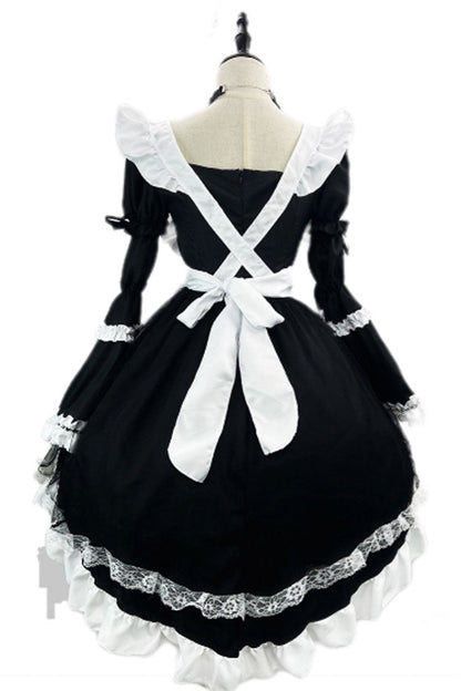Black/White Maid Long Hime Sleeves Ruffle Bowknot Sweet Plus Size Lolita Dress Full Set
