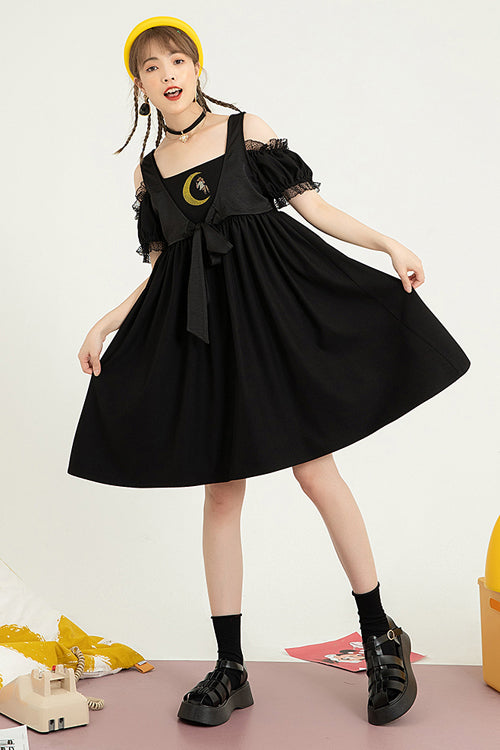 Black Puff Short Sleeve High Waisted Two Ways To Wear Before And After Sweet Lolita Dress