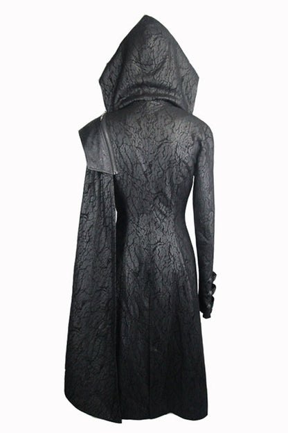 Black Punk Hooded One Side Shawl Gothic Pattern Womens Leather Long Coat