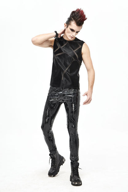 Black Punk Circuit Printed High Quality Stretchy Leather Tight Mens Pants