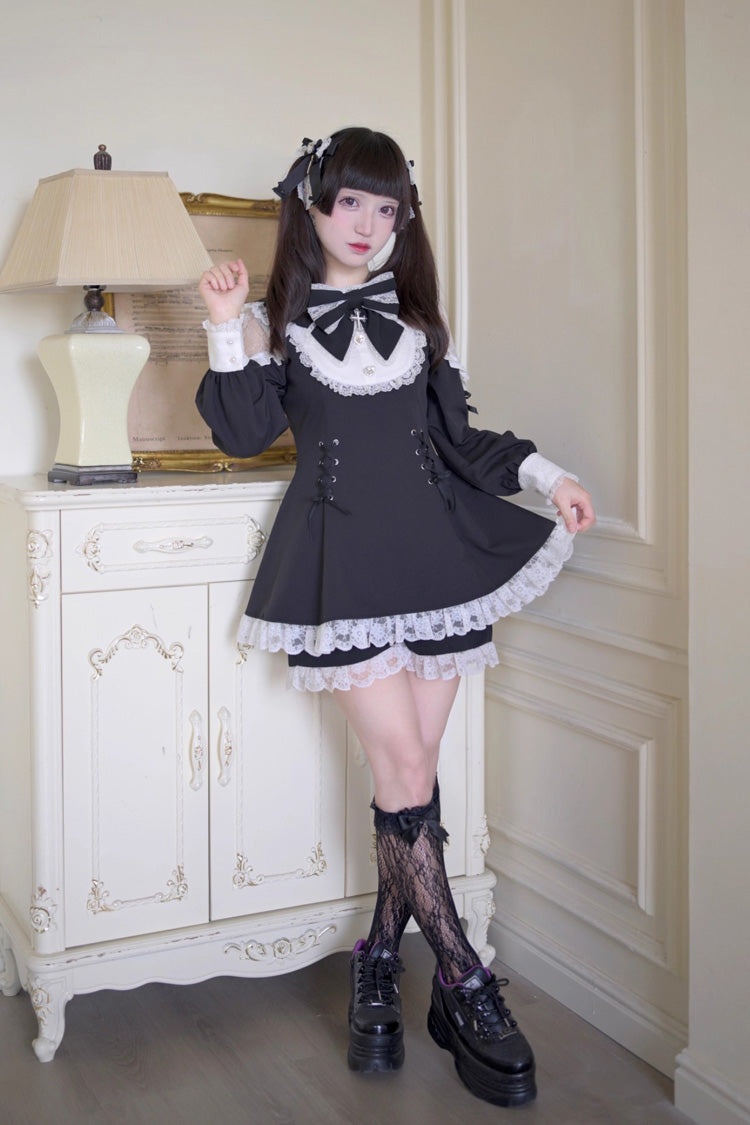 Black/White [Divine love] Long Sleeves Hollow Bowknot Lace Lace-Up Sweet Jirai Kei Dress Shorts Set