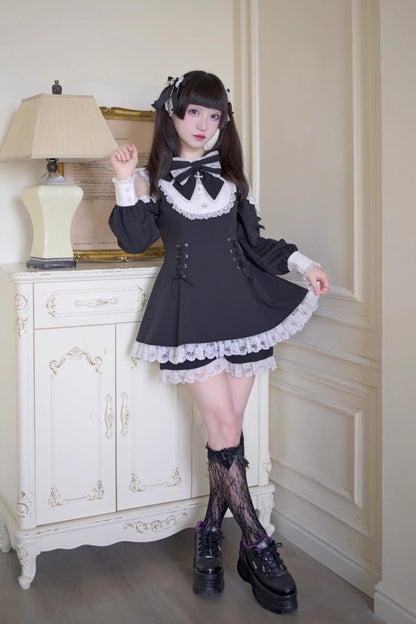 Black/White [Divine love] Long Sleeves Hollow Bowknot Lace Lace-Up Sweet Jirai Kei Dress Shorts Set