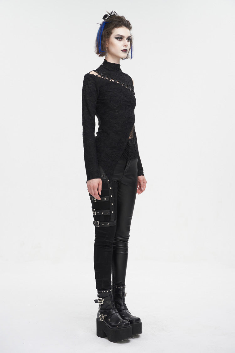 Black Strappy Cutout Mesh Splice Women's Gothic Shirt