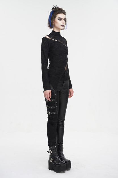 Black Strappy Cutout Mesh Splice Women's Gothic Shirt