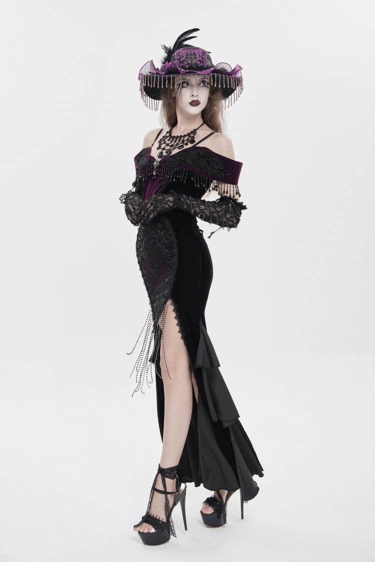 Black/Purple Off Shoulder Sleeveless Embroidered Lace Slim Women's Gothic Gorgeous Strapless Dress