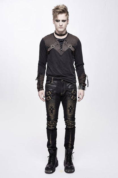 Punk Rock Bronze Fitted Leather Cross Mens Pants