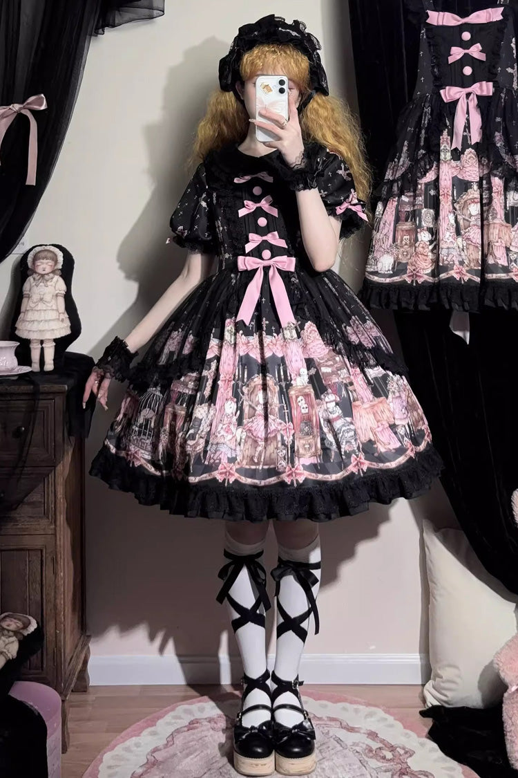 Black [The Case of the Missing Lamb] Print Long Sleeves Ruffle Bowknot Lace Gothic Lolita Dress