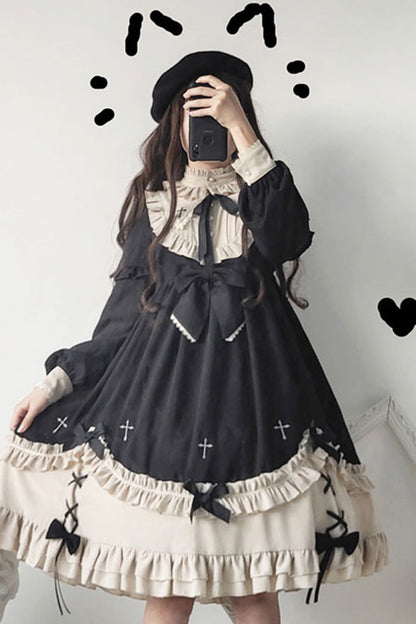 Black Round Collar Chest Bow Cross Print Ruffled Sweet Lolita Op Dress