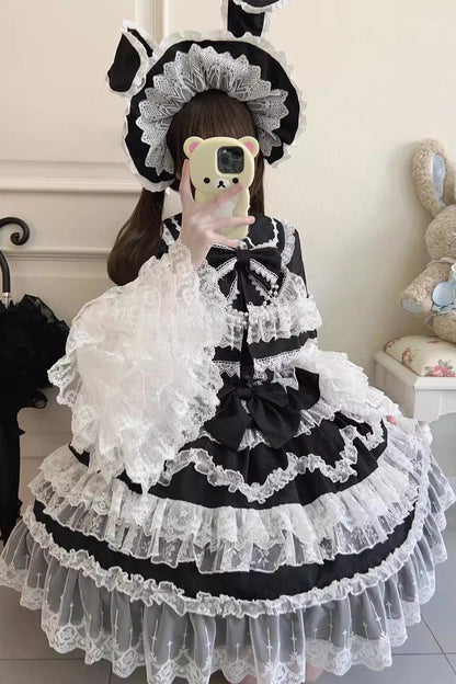 Black [Love and Heart Flutter] Sleeveless Multi-Layered Ruffle Bowknot Lace Pearl Sweet Lolita Jsk Dress