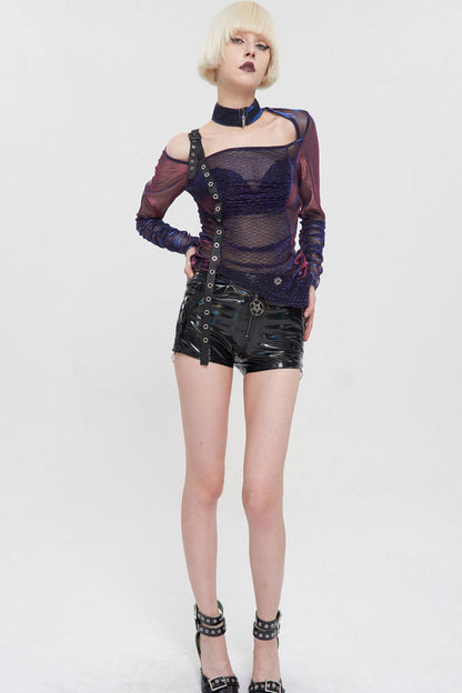 Multi-Color Punk Long Sleeve Mesh Neck Zipper Adjustable Shoulder Straps Asymmetric Women's T-Shirt