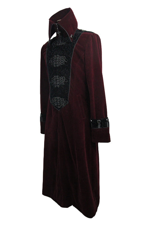 Gothic Wine Western Fashion Patchwork Plum Patterned Velveteen Mens Coat