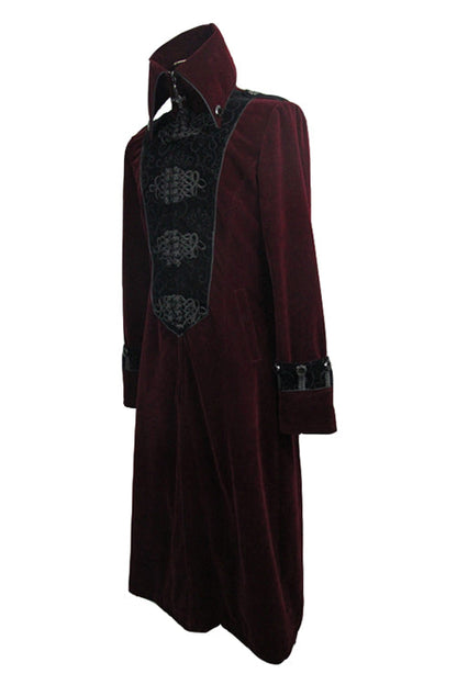 Gothic Wine Western Fashion Patchwork Plum Patterned Velveteen Mens Coat