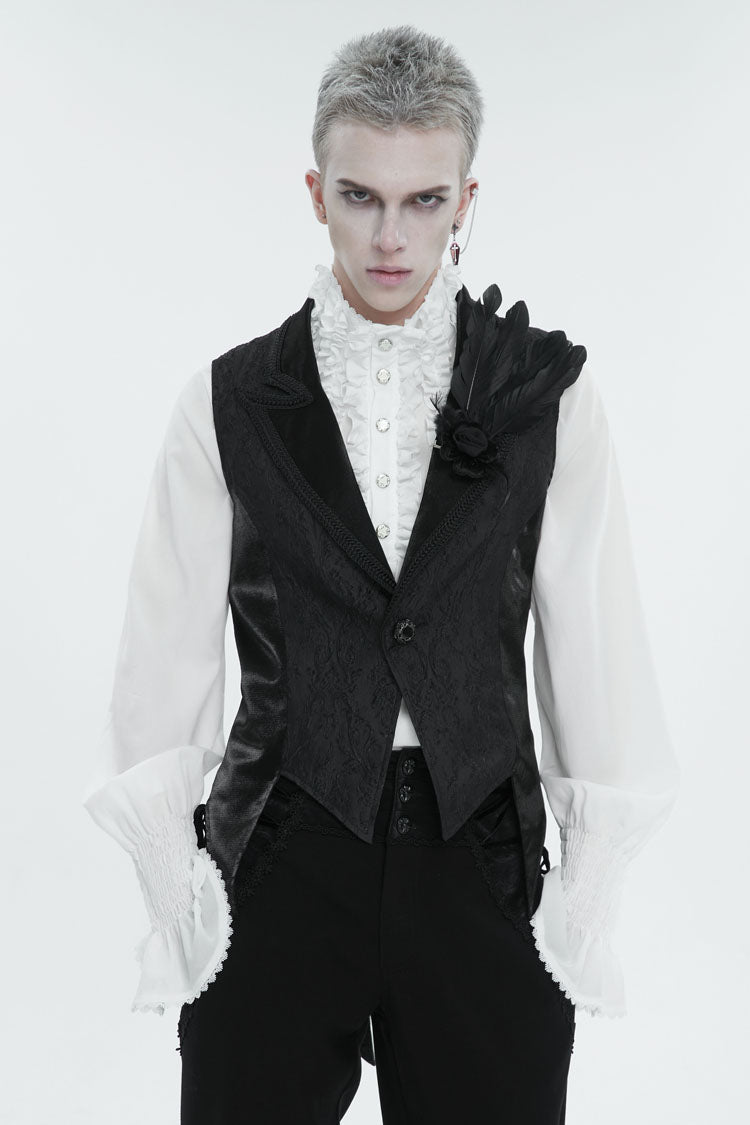 Black Vintage Dark Pattern Men's Gothic Vest With Brooch