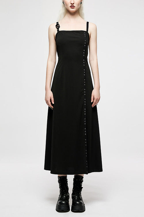 Black Slim Women's Metal Button Side Slit Maxi Slip Punk Dress