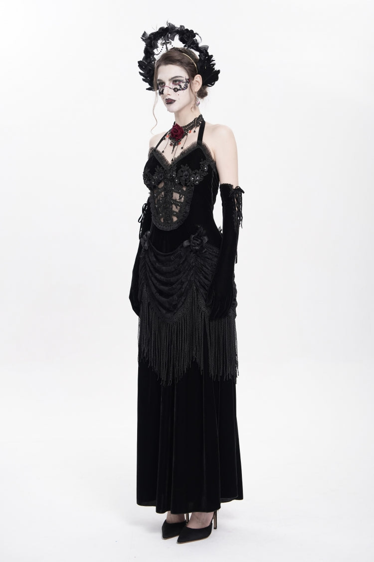 Black Sleeveless Hollow Floral Embroidery Lace-Up Pleated Women's Gothic Maxi Dress