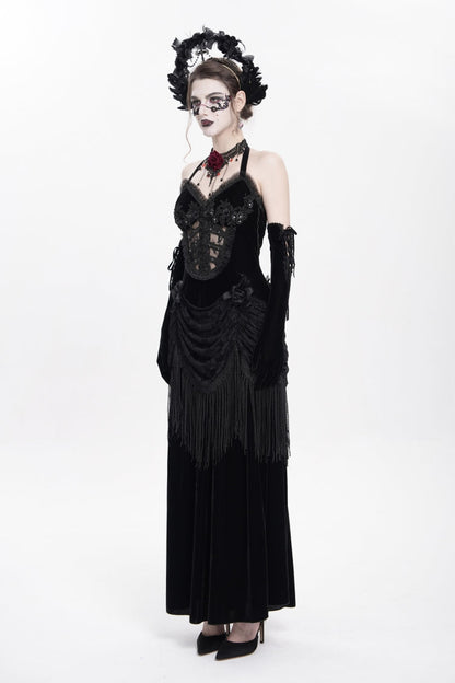 Black Sleeveless Hollow Floral Embroidery Lace-Up Pleated Women's Gothic Maxi Dress