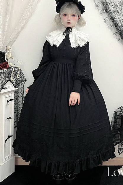 Black/White [Quiet Place] Long Sleeves Jacquard Ruffle Embroidery Bowknot Gothic Lolita Dress