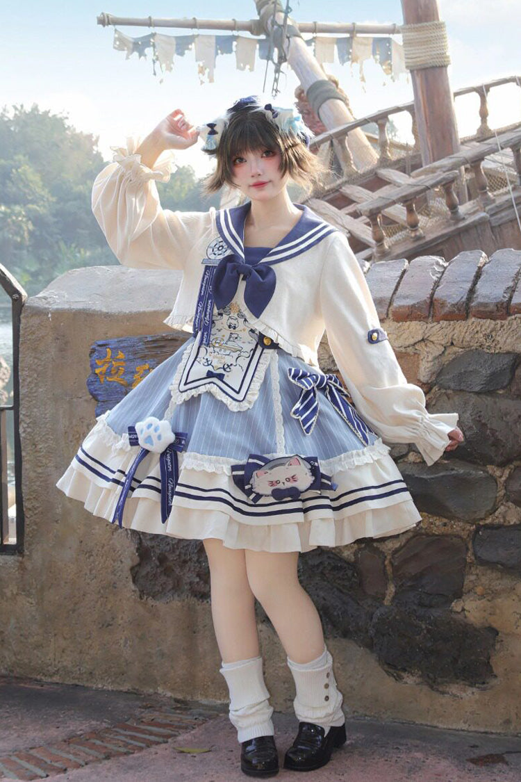 Blue/Ivory [Ride the Wind and Waves] Double-Layered Printed Ruffled Bow Lace Sweet Lolita Jsk Dress Set (Coat Included)