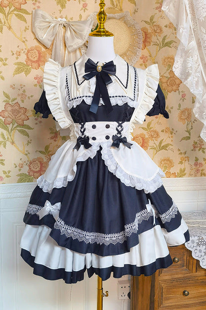 Black/White Short Sleeves Triple-Layered Ruffle Bowknot Lace Sweet Plus Size Maid Lolita Dress Set