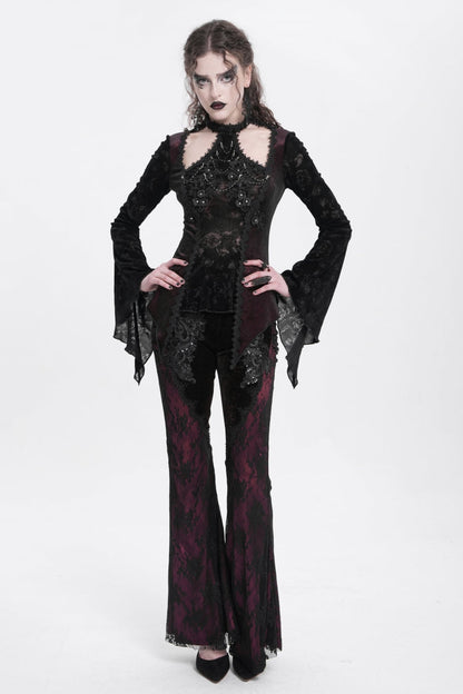 Red Floral Embroidery Stitching Lace Women's Gothic Pants