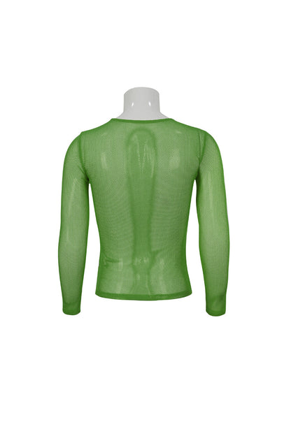 Green Elasticity High Neck Long Sleeve Mesh Men's Gothic T-Shirt