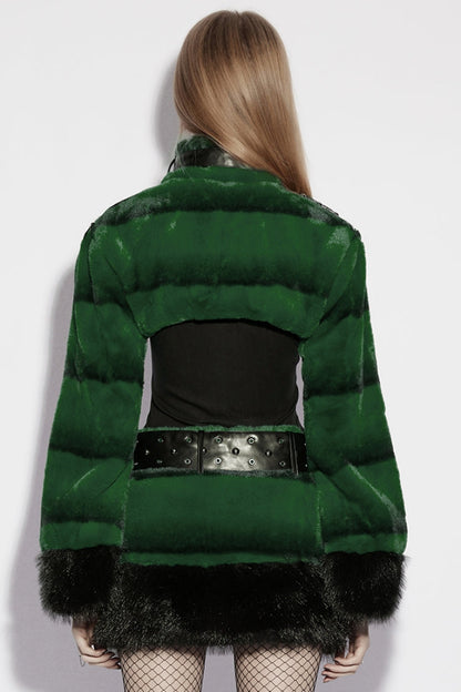Green Stand Collar Long Sleeves Buckle Straps Faux Fur Women's Punk Short Cloak