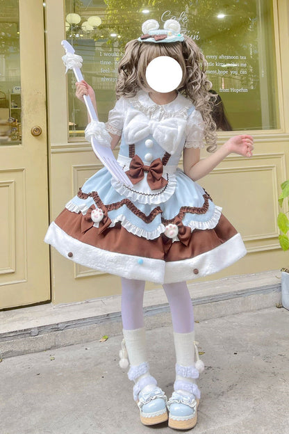 Blue/Brown [Cream Snow Cat] Winter Ruffle Bowknot Sweet Lolita Jsk Dress