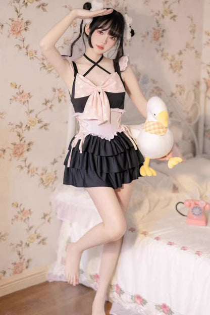 Black/Pink Summer Sweetheart Triple-Layered Ruffled Bow Sweet Lolita Bubble Swimsuit