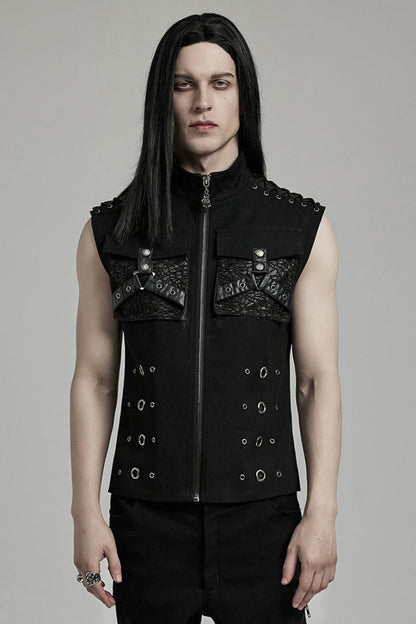 Black Stand Collar Stitching Slim Men's Punk Vest