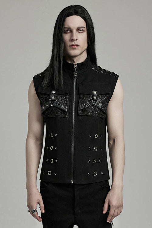 Black Stand Collar Stitching Slim Men's Punk Vest