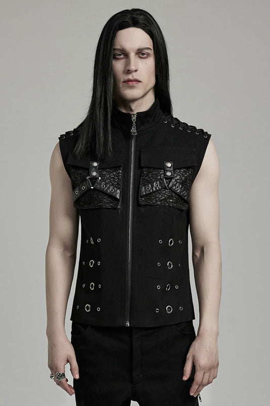 Black Stand Collar Stitching Slim Men's Punk Vest